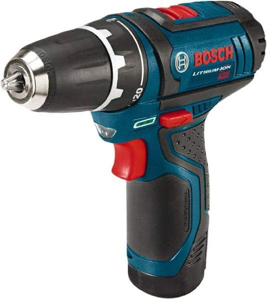 Bosch - 12 Volt 3/8" Chuck Pistol Grip Handle Cordless Drill - 0-350 & 0-1300 RPM, Reversible, 2 Lithium-Ion Batteries Included - USA Tool & Supply