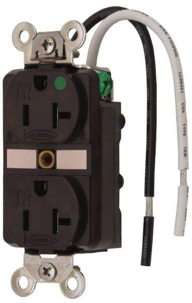 Hubbell Wiring Device-Kellems - 125 VAC, 20 Amp, 5-20R NEMA Configuration, Brown, Hospital Grade, Self Grounding Duplex Receptacle - 1 Phase, 2 Poles, 3 Wire, Flush Mount, Chemical, Corrosion and Impact Resistant, Tamper Resistant - USA Tool & Supply