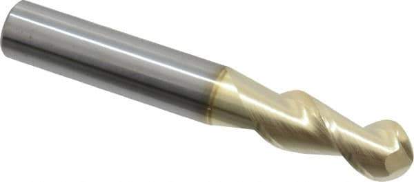 Accupro - 10mm Diam, 24mm LOC, 2 Flute Solid Carbide Ball End Mill - ZrN Finish, Single End, 70mm OAL, 10mm Shank Diam, Spiral Flute - USA Tool & Supply