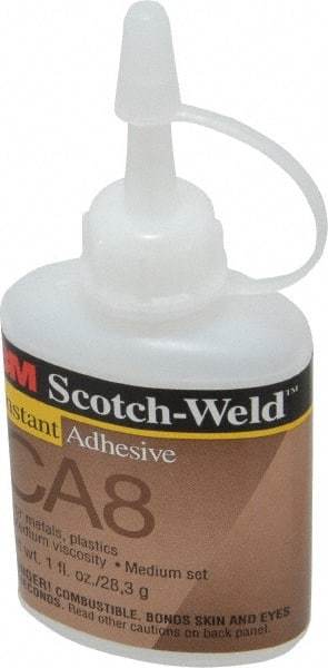 3M - 1 oz Bottle Clear Instant Adhesive - Series CA-8, 5 to 40 sec Fixture Time, 24 hr Full Cure Time, Bonds to Cardboard, Cork Board, Fabric, Fiberglass, Foam, Metal, Paper, Plastic, Rubber & Vinyl - USA Tool & Supply