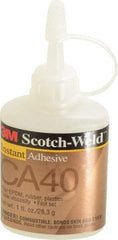 3M - 1 oz Bottle Yellow Instant Adhesive - Series CA40, 3 to 20 sec Fixture Time, 24 hr Full Cure Time, Bonds to Cardboard, Cork Board, Fabric, Fiberglass, Foam, Metal, Plastic, Rubber & Vinyl - USA Tool & Supply