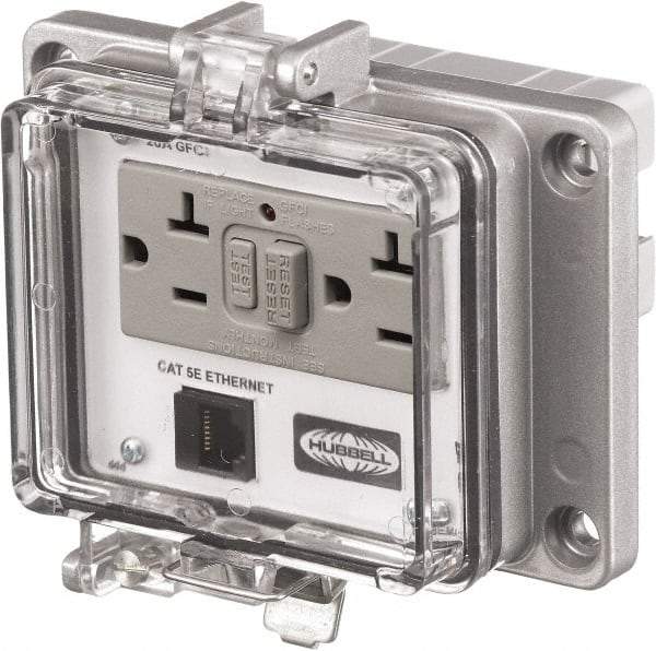 Hubbell Wiring Device-Kellems - 1 Port, 3 Power Receptacle, Ethernet, Clear Data Port Receptacle - 4.79 Inch Long x 1.61 Inch Deep x 5.08 Inch Wide, Aluminum, Surface Mount, Gray - USA Tool & Supply