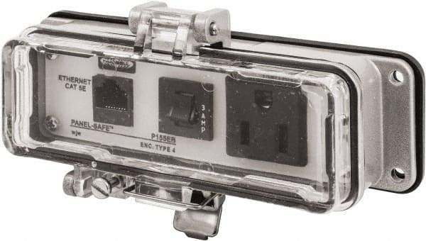 Hubbell Wiring Device-Kellems - 1 Port, 1 Power Receptacle, Ethernet, Clear Data Port Receptacle - 3.2 Inch Long x 1.6 Inch Deep x 5.51 Inch Wide, Aluminum, Surface Mount, Gray - USA Tool & Supply