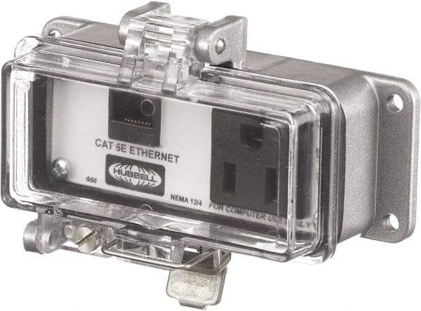 Hubbell Wiring Device-Kellems - 1 Port, 1 Power Receptacle, Ethernet, Clear Data Port Receptacle - 3.2 Inch Long x 1.6 Inch Deep x 4.45 Inch Wide, Aluminum, Surface Mount, Gray - USA Tool & Supply