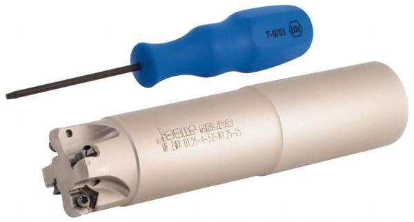 Iscar - 30° Lead Angle, 1-1/4" Max Cut Diam, 0.88" Min Cut Diam, 0.08" Max Depth of Cut, Indexable Chamfer and Angle End Mill - 4 Inserts, H600 WXCU 05 Insert Style, 5-1/2" Overall Length, Through Coolant, Straight Shank - USA Tool & Supply