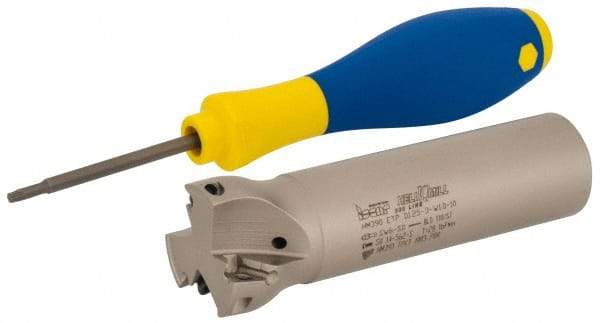Iscar - 1-1/4" Cut Diam, 0.315" Max Depth of Cut, 1" Shank Diam, 4" OAL, Indexable Square Shoulder Helical End Mill - HM390 TPKT 1003 Inserts, Weldon Shank, 90° Lead Angle, Through Coolant, Series HeliIQMill - USA Tool & Supply