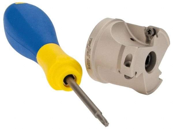 Iscar - 3 Inserts, 1-1/2" Cut Diam, 1/2" Arbor Diam, 0.315" Max Depth of Cut, Indexable Square-Shoulder Face Mill - 0/90° Lead Angle, 1.37" High, HM390 TPKT 1003 Insert Compatibility, Through Coolant, Series HeliIQMill - USA Tool & Supply