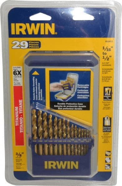 Irwin - 1/16 to 1/2", 135° Point, TiN Finish, High Speed Steel Jobber Length Drill Bit Set - USA Tool & Supply