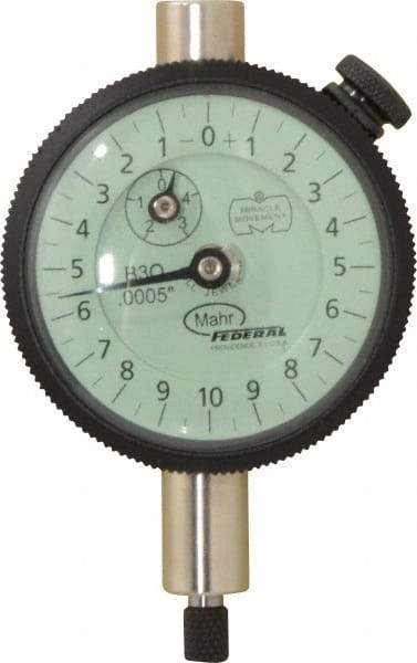 Mahr - 0.05" Range, 0-10-0 Dial Reading, 0.0005" Graduation Dial Drop Indicator - 1-3/4" Dial, 0.02" Range per Revolution, 0.0005" Accuracy, Revolution Counter - USA Tool & Supply