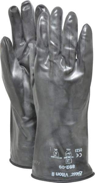 SHOWA - Size L (9), 12" Long, 12 mil Thick, Viton Chemical Resistant Gloves - Smooth Finish, Rolled Gauntlet Cuff, ANSI Abrasion Level 2, ANSI Cut Level 0, ANSI Puncture Level 0, Black - USA Tool & Supply