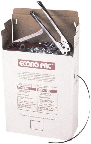 Value Collection - 7,200 Inch Long x 1/2 Inch Wide x 0.025 Inch Thick, Heavy Duty Polypropylene Strapping Kit - 500 Lbs Tensile Strength, Contains Self Dispensing Box, Polypropylene Strapping, 1,000 Seals, Tensioner Tool and Crimper Tool - USA Tool & Supply