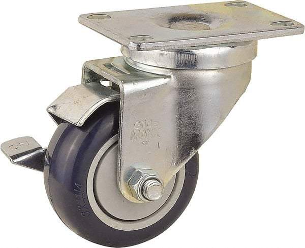 Value Collection - 3" Diam x 1-1/4" Wide x 4-3/8" OAH Top Plate Mount Swivel Caster with Brake - Polyurethane, 300 Lb Capacity, Ball Bearing, 2-7/8 x 3-5/8" Plate - USA Tool & Supply