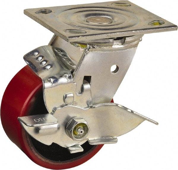 Value Collection - 4" Diam x 2" Wide x 5-5/8" OAH Top Plate Mount Swivel Caster with Brake - Polyurethane, 700 Lb Capacity, Roller Bearing, 4 x 4-1/2" Plate - USA Tool & Supply