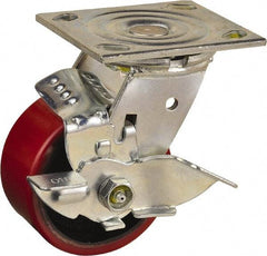 Value Collection - 4" Diam x 2" Wide x 5-5/8" OAH Top Plate Mount Swivel Caster with Brake - Polyurethane, 700 Lb Capacity, Roller Bearing, 4 x 4-1/2" Plate - USA Tool & Supply