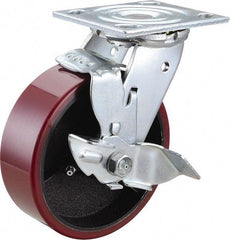 Value Collection - 6" Diam x 2" Wide x 7-1/2" OAH Top Plate Mount Swivel Caster with Brake - Polyurethane, 1,200 Lb Capacity, Roller Bearing, 4 x 4-1/2" Plate - USA Tool & Supply