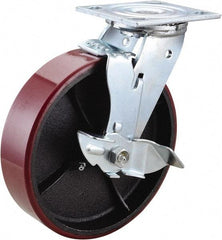 Value Collection - 8" Diam x 2" Wide x 9-1/2" OAH Top Plate Mount Swivel Caster with Brake - Polyurethane, 1,200 Lb Capacity, Roller Bearing, 4 x 4-1/2" Plate - USA Tool & Supply