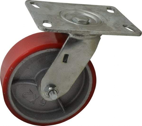Fairbanks - 6" Diam x 2" Wide x 7-1/2" OAH Top Plate Mount Swivel Caster - Polyurethane, 1,000 Lb Capacity, Roller Bearing, 4-1/2 x 6-1/4" Plate - USA Tool & Supply
