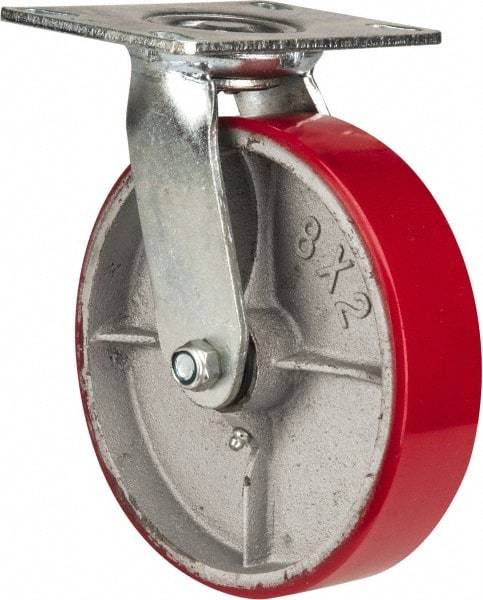 Fairbanks - 8" Diam x 2" Wide x 9-1/4" OAH Top Plate Mount Swivel Caster - Polyurethane, 1,200 Lb Capacity, Roller Bearing, 4-1/2 x 6-1/4" Plate - USA Tool & Supply