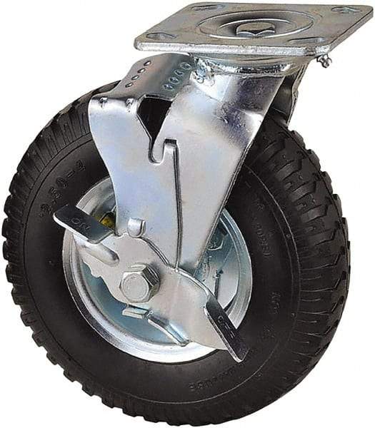 Value Collection - 8" Diam x 2" Wide, Pneumatic Swivel with Brake Caster - 300 Lb Capacity, Top Plate Mount, 4" x 4-1/2" Plate, Sealed Ball Bearing - USA Tool & Supply