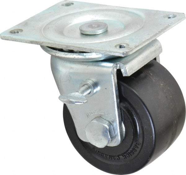 Albion - 3" Diam x 1-13/16" Wide x 3-31/32" OAH Top Plate Mount Swivel Caster with Brake - Phenolic, 700 Lb Capacity, Roller Bearing, 3-1/8 x 4-1/8" Plate - USA Tool & Supply