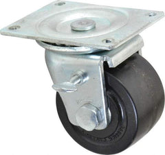 Albion - 3" Diam x 1-13/16" Wide x 3-31/32" OAH Top Plate Mount Swivel Caster with Brake - Phenolic, 700 Lb Capacity, Roller Bearing, 3-1/8 x 4-1/8" Plate - USA Tool & Supply