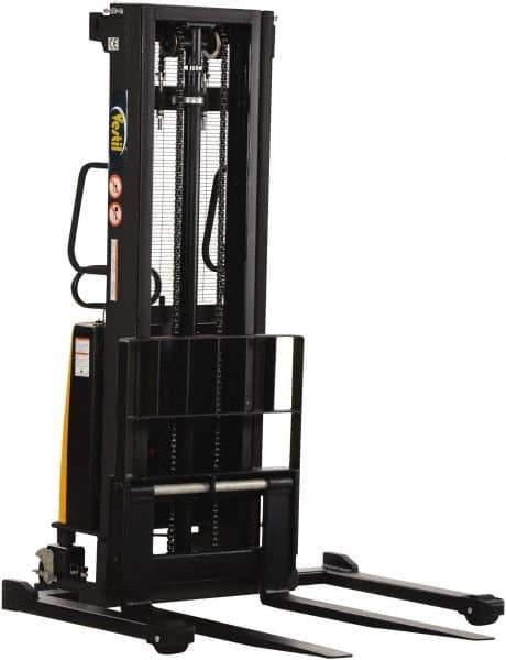Vestil - 2,000 Lb Capacity, 118" Lift Height, Battery Powered Stacker - 2-1/8" Lowered Height, 42" Fork Length, 58" Overall Width - USA Tool & Supply