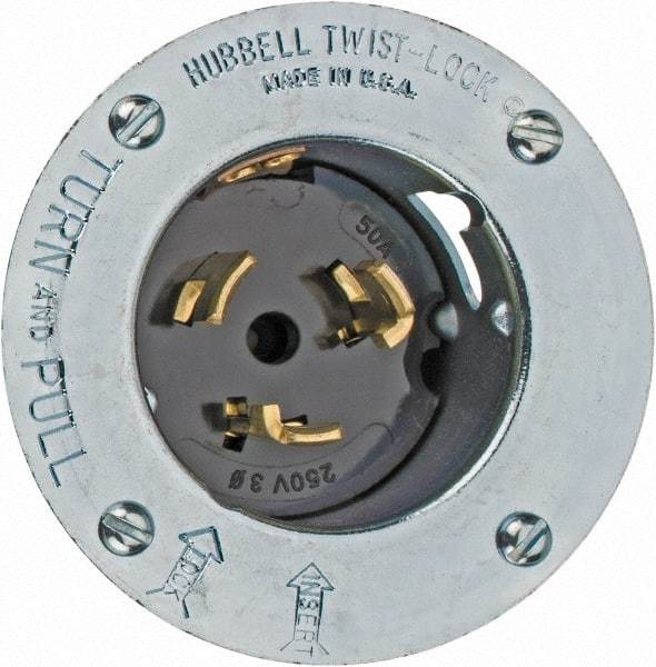 Hubbell Wiring Device-Kellems - 250 VAC, 50 Amp, Self Grounding Inlet - 3 Poles, 4 Wire, Male End, Metallic - USA Tool & Supply