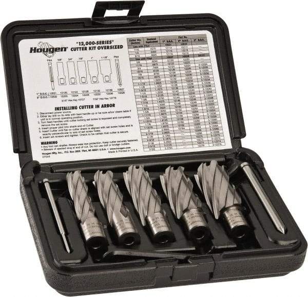 Hougen - 8 Piece, 5/8 to 1-1/8" Cutter Diam, 2" Cutting Depth, High Speed Steel Annular Cutter Set - Bright Finish, 3/4" Shank Diam, 5/8, 3/4, 7/8, 1, 1-1/8" Cutter Diams, 2 Flats on Shank - USA Tool & Supply