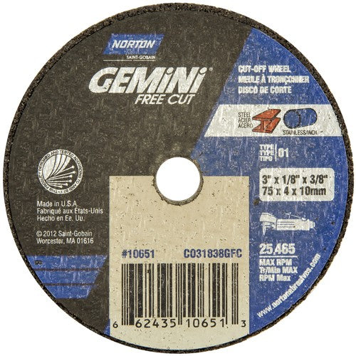 3 × 1/8 × 3/8″ Gemini Free Cut Small Diameter Cut-Off Wheel <=3″ A 36 T Type 01/41 - USA Tool & Supply