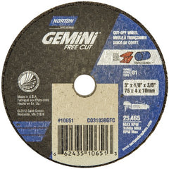 3 × 1/8 × 3/8″ Gemini Free Cut Small Diameter Cut-Off Wheel <=3″ A 36 T Type 01/41 - USA Tool & Supply