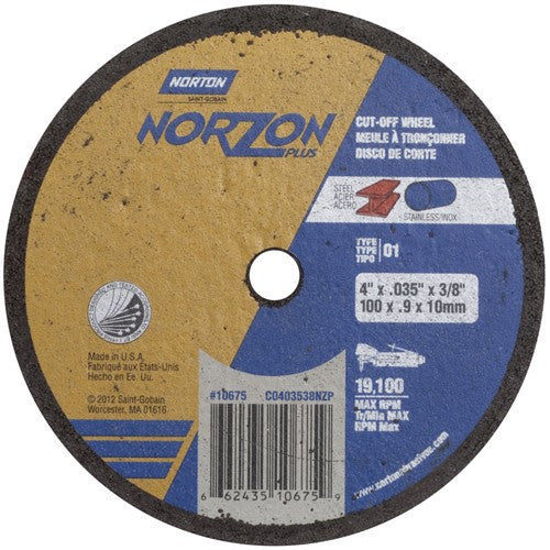 4″ × 0.035″ × 3/8″ NorZon Plus Small Diameter Cut-Off Wheel Type 01 Straight Aluminum Oxide - USA Tool & Supply