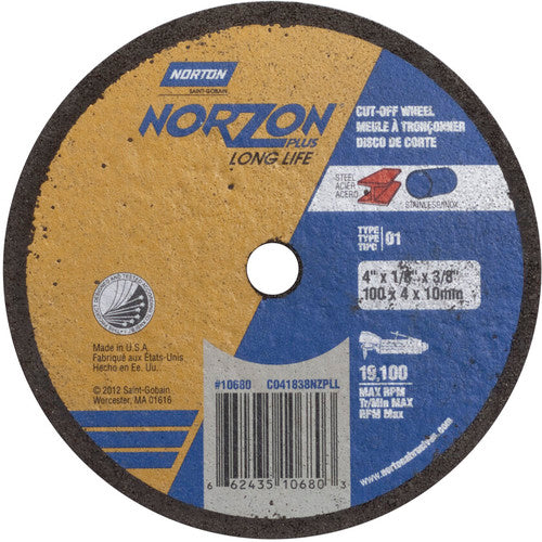 4″ × 1/8″ × 3/8″ NorZon Plus Small Diameter Cut-Off Wheel Type 01 Straight Aluminum Oxide - USA Tool & Supply