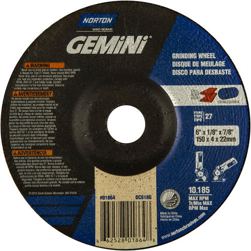 6 × 1/8 × 7/8″ Gemini Long Life Grinding Wheel A 24 T Type 27 - USA Tool & Supply