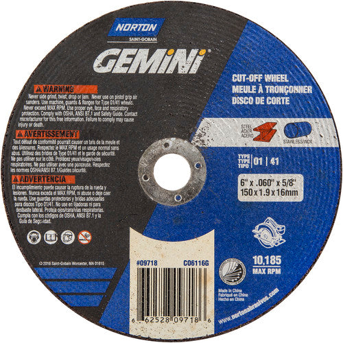 150 mm × 1.6 mm × 5/8″ Gemini Circular Saw Cut-Off Wheel U57A 36 Q Type 01/41 - USA Tool & Supply