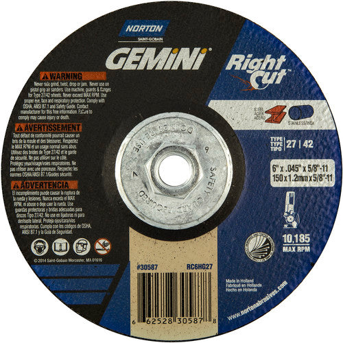 ‎6 x .045 × 5/8 - 11″ Gemini RightCut Cutting Wheel A 24 Q Type 27/42 - USA Tool & Supply