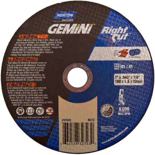 7″ × 0.060″ × 7/8″ Gemini Right Angle Cut-Off Wheel Type 01 Straight Aluminum Oxide - USA Tool & Supply