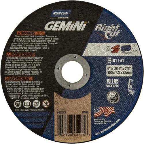 6 x .045 × 7/8″ Gemini RightCut Right Angle Cut-Off Wheel A 36 Q B Type 01/41 - USA Tool & Supply