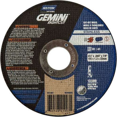 ‎4-1 /2″ × 0.045″ × 7/8″ Right Angle Cut-Off Wheel Gemini RightCut SS 36 Grit - USA Tool & Supply