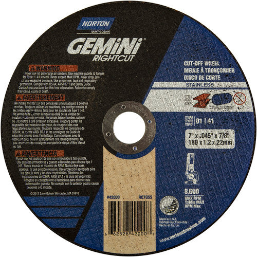 7″ × 0.045″ × 7/8″ Small Diameter Cut-Off Wheel Gemini RightCut SS 60 Grit - USA Tool & Supply