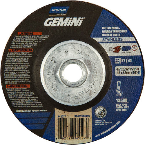 ‎4-1/2 × 3/32 × 5/8 - 11″ Gemini INOX/SS Cutting Wheel A 30 Q BDA Type 27/42 - USA Tool & Supply