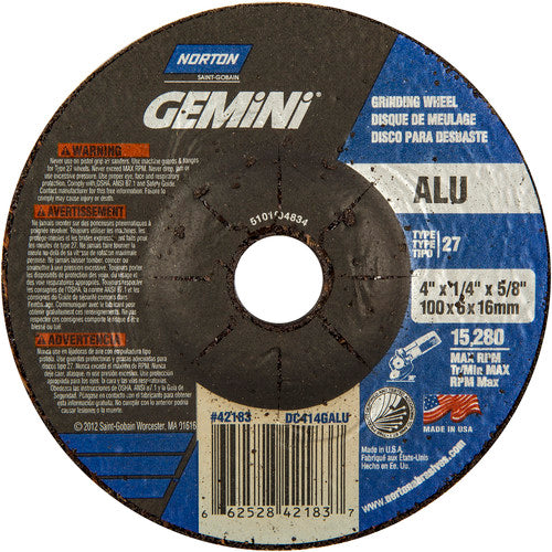 4 × 1/4 × 5/8″ Gemini ALU Grinding Wheel A 46 Q BDA Type 27 - USA Tool & Supply