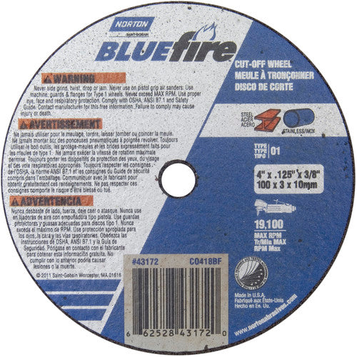 4″ × 1/8″ × 3/8″ BlueFire Small Diameter Cut-Off Wheel Type 01 Straight - USA Tool & Supply