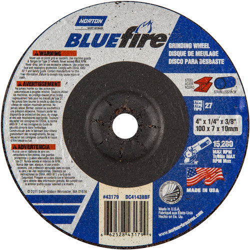 4″ × 1/4″ × 3/8″ BlueFire Non-Woven Depressed Center Wheel Type 27 Zirconia Alumina / Aluminum Oxide - USA Tool & Supply