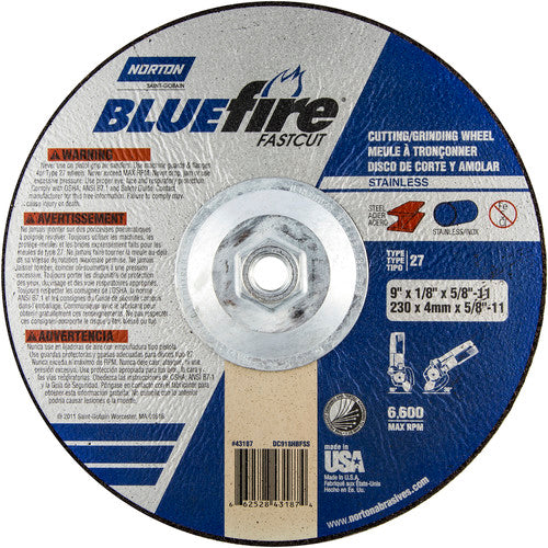 9″ × 1/8″ × 5/8″ BlueFire Non-Woven Depressed Center Wheel Type 27 Zirconia Alumina / Aluminum Oxide - USA Tool & Supply