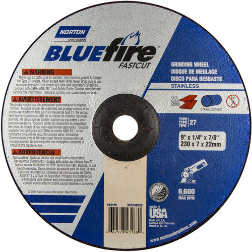 9″ × 1/4″ × 7/8″ BlueFire Non-Woven Depressed Center Wheel Type 27 Zirconia Alumina / Aluminum Oxide - USA Tool & Supply