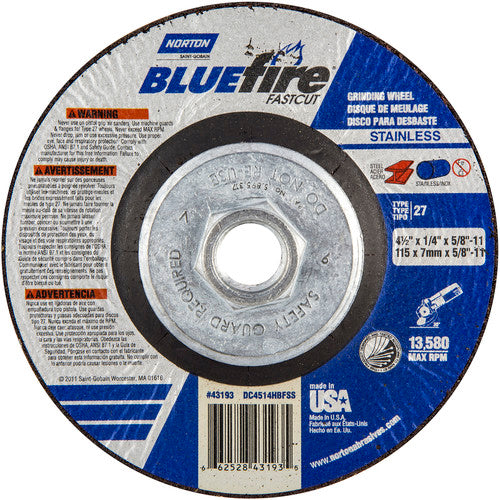 ‎4-1/2″ × 1/4″ × 5/8″ BlueFire Non-Woven Depressed Center Wheel Type 27 - USA Tool & Supply