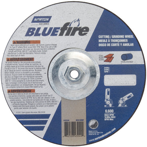 9″ × 1/8″ × 5/8″ BlueFire Non-Woven Depressed Center Wheel Type 27 Zirconia Alumina / Aluminum Oxide - USA Tool & Supply