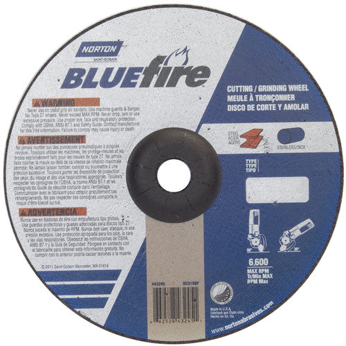 9″ × 1/8″ × 7/8″ BlueFire Non-Woven Depressed Center Wheel Type 27 Zirconia Alumina / Aluminum Oxide - USA Tool & Supply
