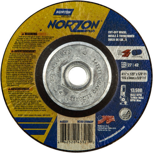 ‎4-1/2″ × 1/8″ × 5/8″-11 NorZon Plus Non-Woven Depressed Center Wheel Type 27 - USA Tool & Supply