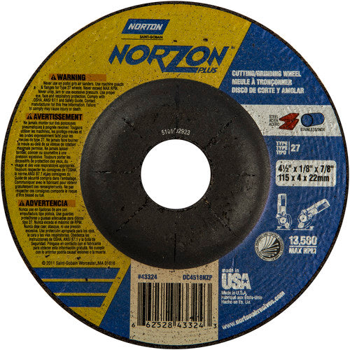 ‎4-1/2″ × 1/8″ × 7/8″ NorZon Plus Non-Woven Depressed Center Wheel Type 27 - USA Tool & Supply